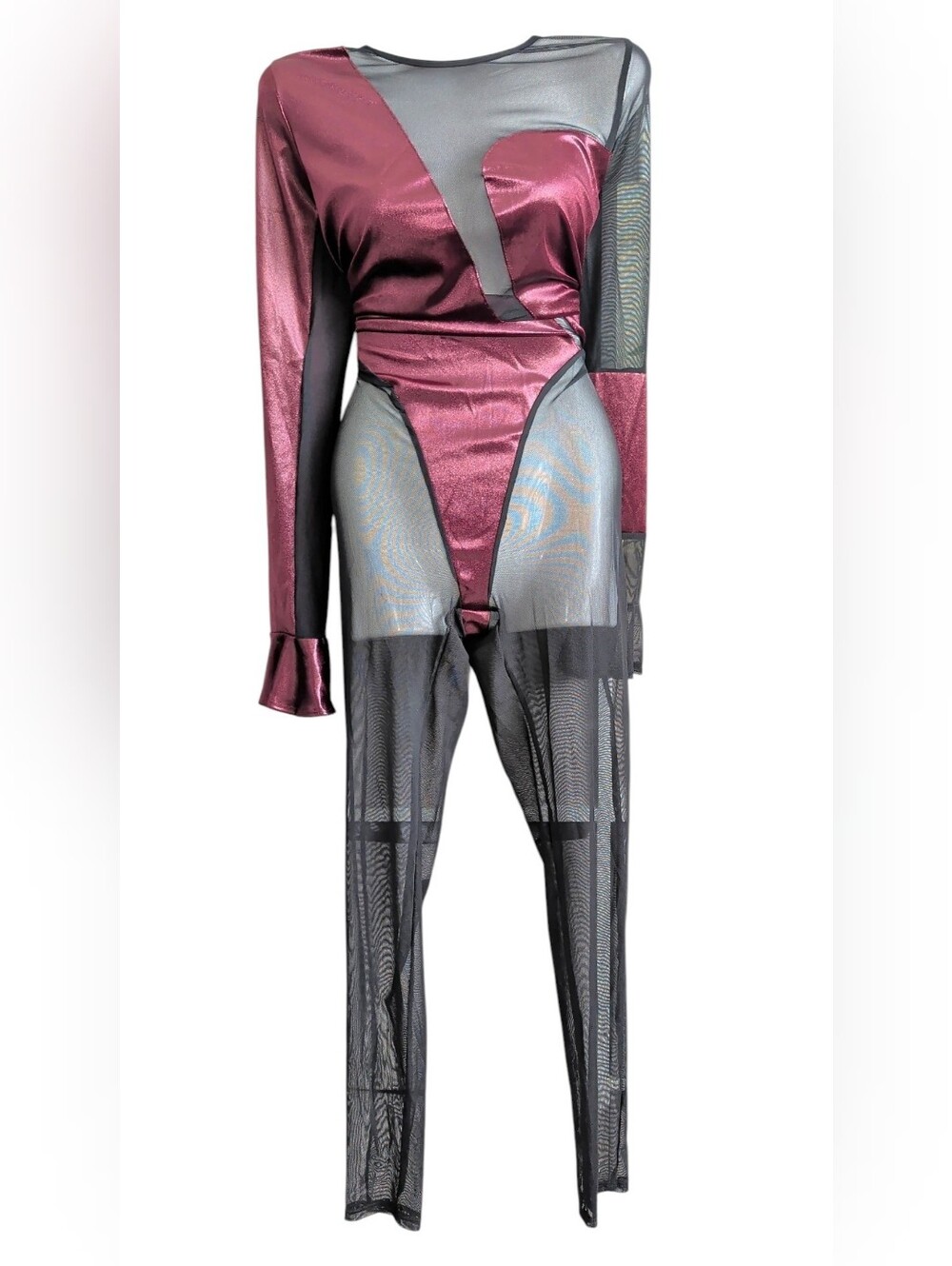 Metallic Burgundy & Black Mesh Panel Jumpsuit